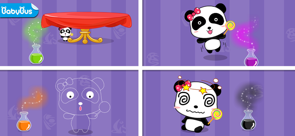 Magical Color Mixing Studio - Four gameplay scenes featuring a panda character and colorful mixing potions in Magical Color Mixing Studio