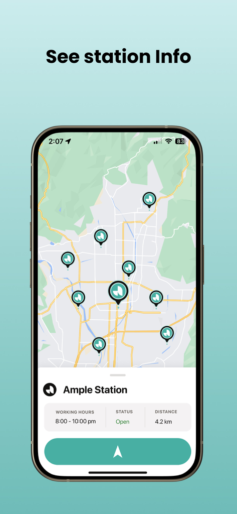 Ample App - Ample App map interface displaying several battery swapping station locations with a detail panel showing status and distance.