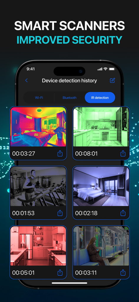 A mobile app interface displaying a history of infrared room scans for hidden camera detection in various locations like hotels and gyms