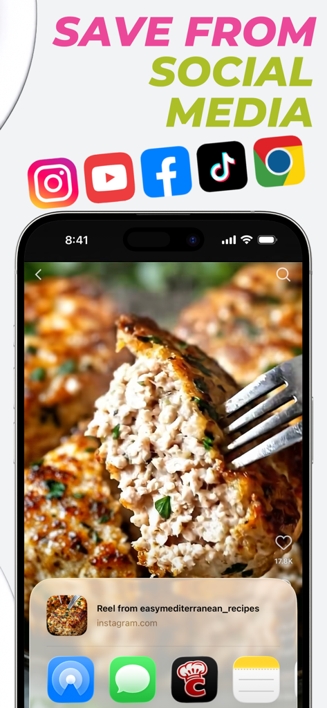 Chefy Meal Planner & Recipes - A smartphone display showing the Chefy app saving a recipe directly from an Instagram reel with social media icons above it