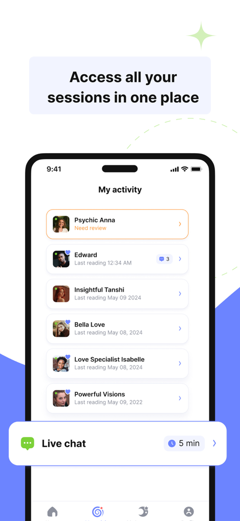 Interface de l'application Kasamba affichant l'écran d'activité de l'utilisateur avec une liste des sessions de voyance précédentes et l'état actuel du chat en direct