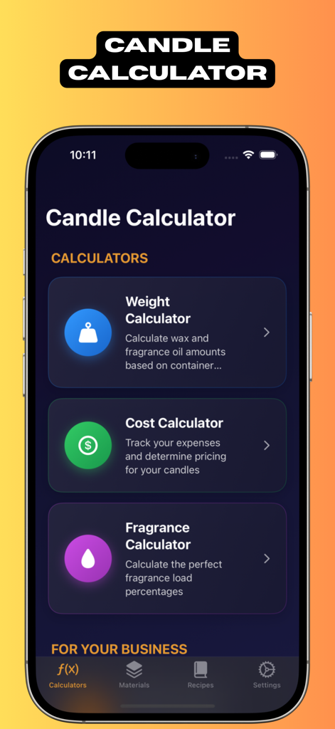 Calculator Candle - Tela principal do aplicativo Calculadora de Velas mostrando ferramentas de custo de peso e calculadoras de fragrância para fabricantes profissionais de velas