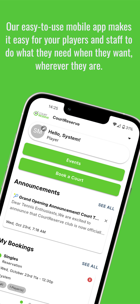 CourtReserve - CourtReserve app dashboard on a smartphone showing court booking and event options