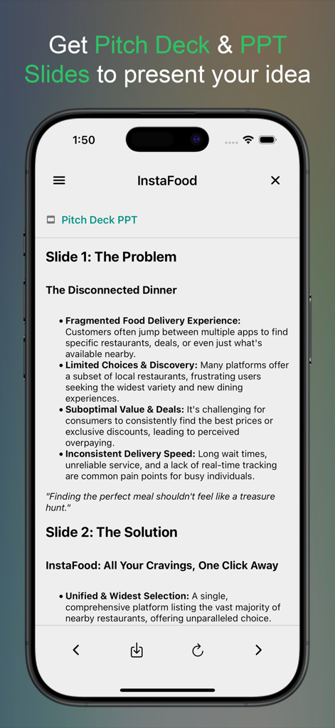 Startup AI: Idea Validator - AI generated pitch deck slides showing the problem and solution for a startup concept