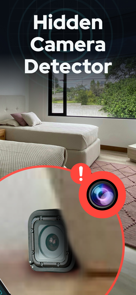 Metal Detector and Spy Camera - Detector de cámaras ocultas escaneando una habitación en busca de dispositivos espía