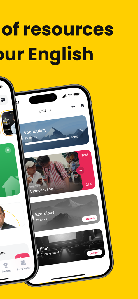 Mobile screen showing English learning units and vocabulary progress in the Inter Nation Student app