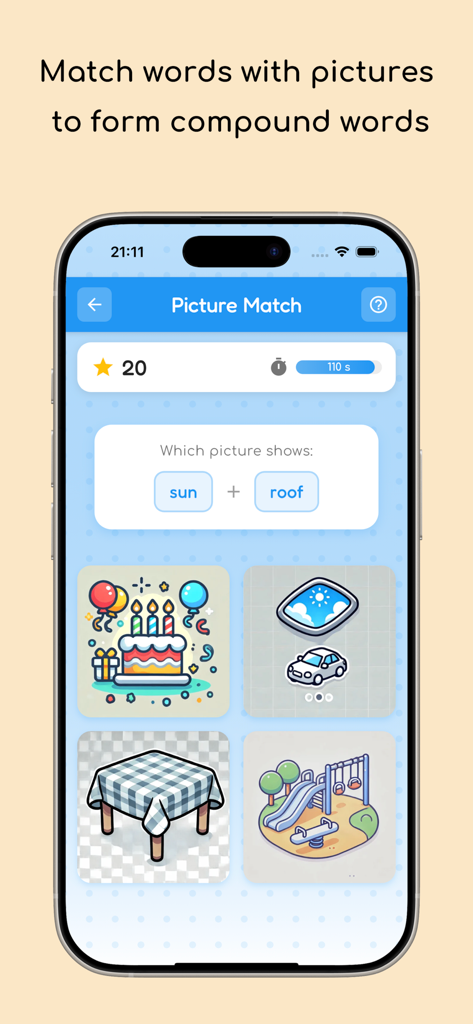 Uma tela móvel mostrando um jogo de correspondência de palavras compostas onde o usuário combina as palavras sun e roof com uma imagem do teto solar de um carro.