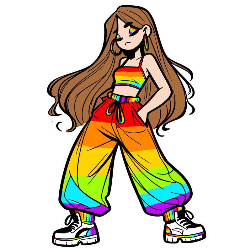 girl in baggy pants crop top and long hair