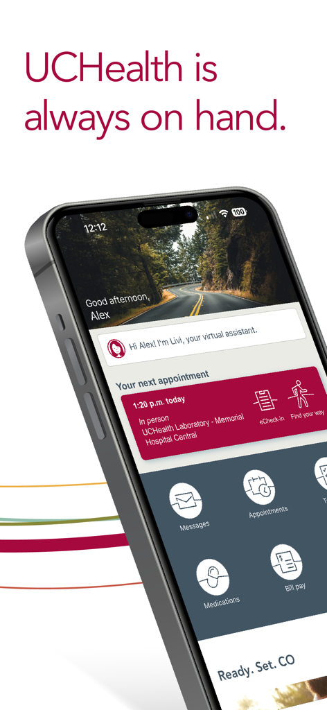 UCHealth mobile app dashboard showing an upcoming appointment card and icons for messages and medications