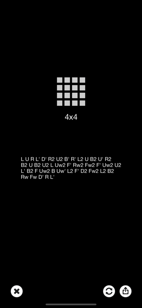 CubeScrambler - Una sequenza di scramble per cubo 4x4 visualizzata nell'interfaccia minimalista dell'app CubeScrambler