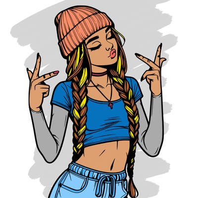 realistic teenage girl with braids and a beanie and crop top doing 🫶🏼