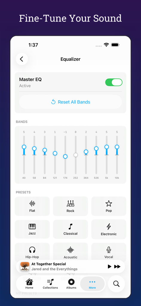 MiniMoon Music - Pantalla de ecualizador gráfico de la aplicación MiniMoon Music con bandas de frecuencia y ajustes preestablecidos de audio