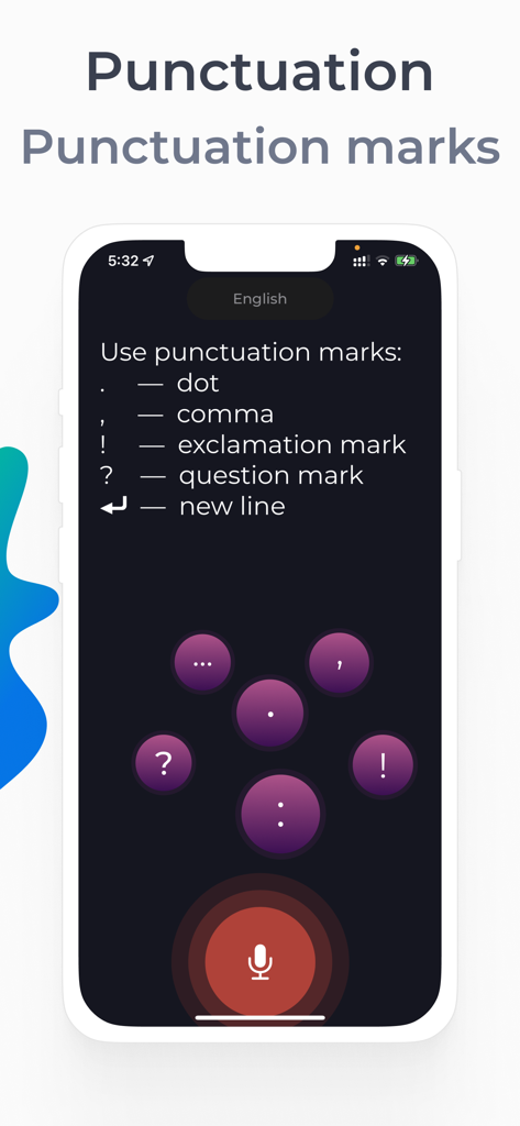 Transkriptor Voice To Text - A mobile screen showing voice commands for punctuation marks like dot comma and exclamation mark in the Transkriptor app.