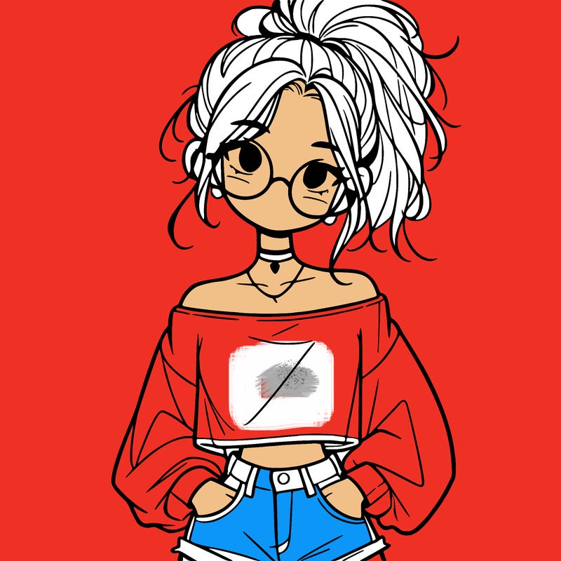 girl with a messy ponytail glasses a baggy crop top and jean shorts