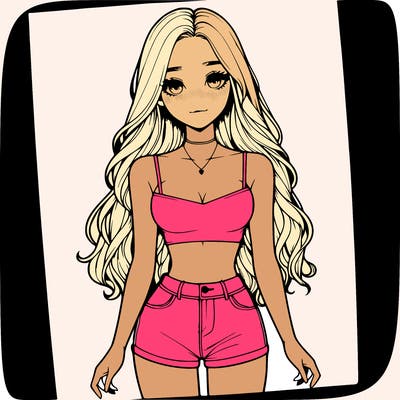 a realistic girl with long hair and in a crop top and shprts