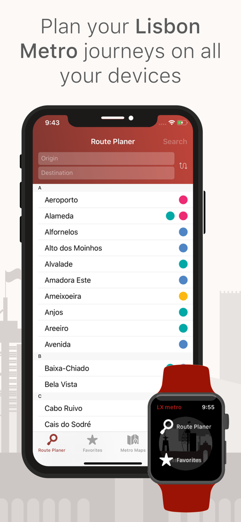 Planificación de rutas del Metro de Lisboa en iPhone y Apple Watch