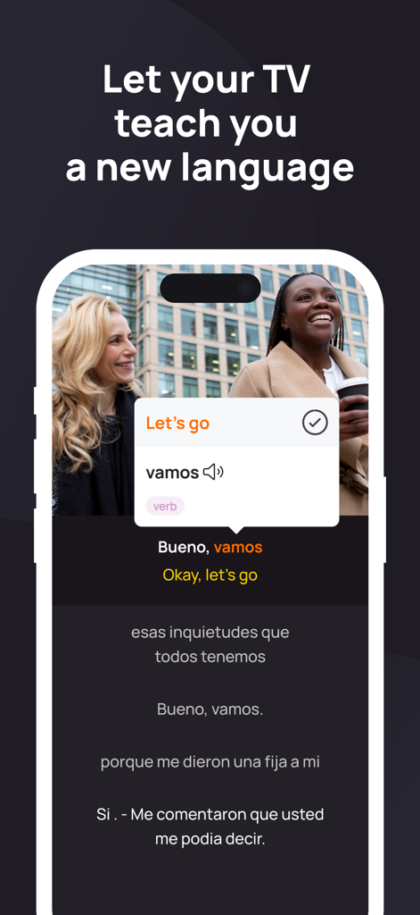 Lingopie: Learn a Language - Interface do aplicativo Lingopie mostrando uma série de TV com legendas interativas em espanhol e inglês