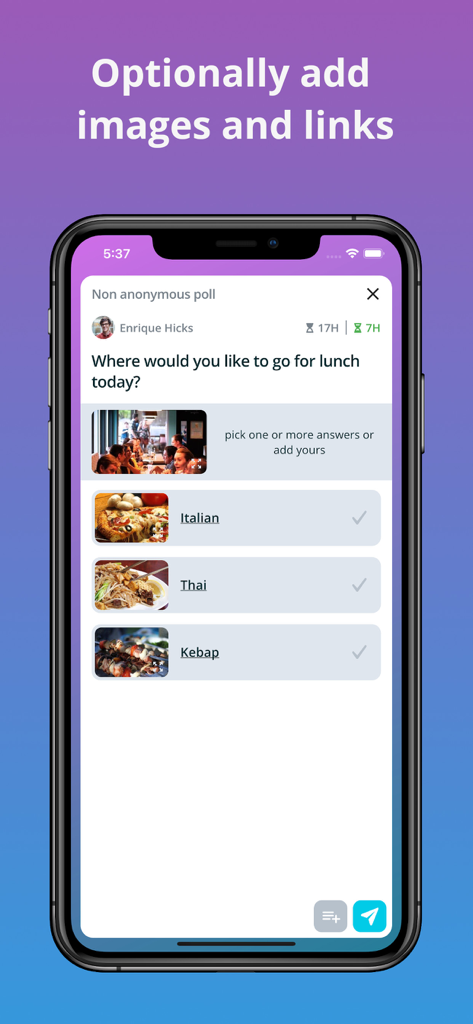 Mobile app screen showing a lunch poll with images for Italian Thai and Kebap options