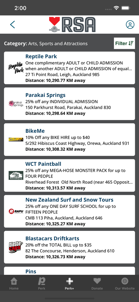A list of member discounts for various New Zealand attractions in the RSA Club Card app