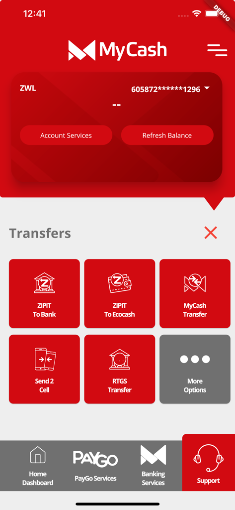 MyCash Mobile  Banking - Screenshot of the MyCash mobile banking app showing transfer options like ZIPIT and RTGS for the Zimbabwean diaspora