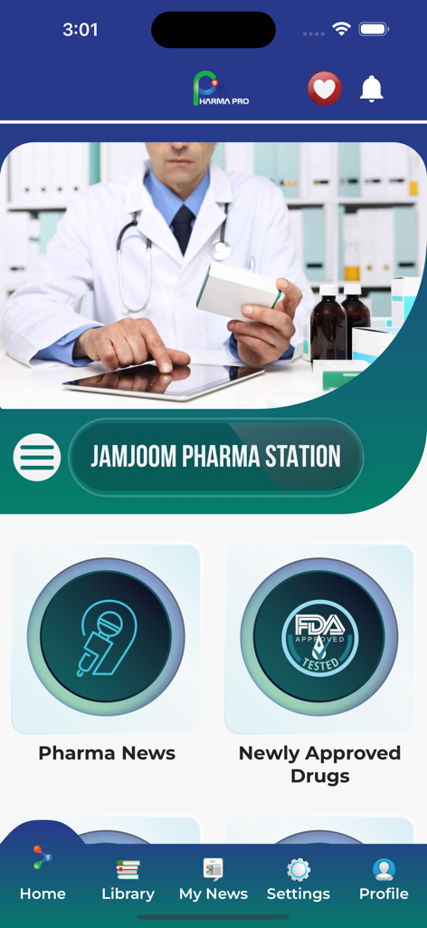 Dashboard of the Pharma Pro app featuring sections for pharmaceutical news and newly approved drugs.