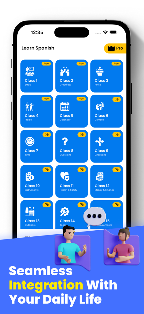App screen showing Spanish language learning classes categorized by daily life topics like greetings time and finance