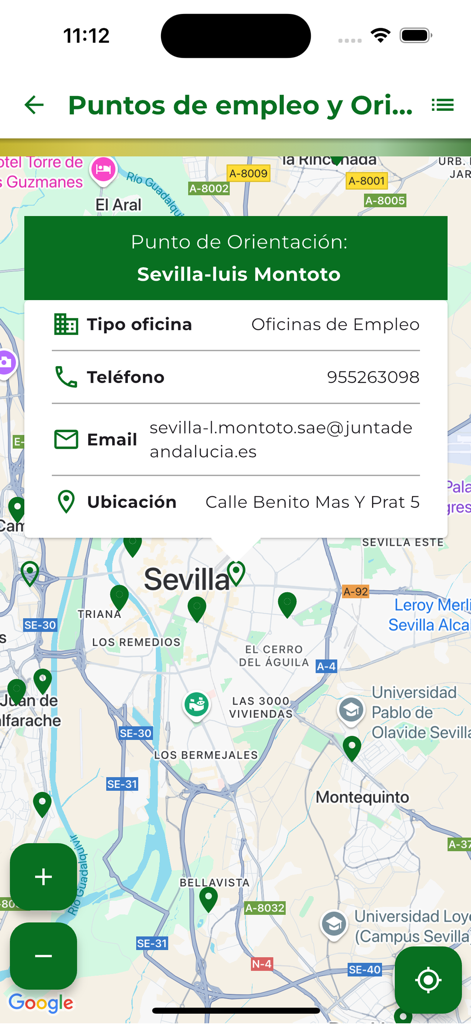 Vista de mapa en la app SAE que muestra las ubicaciones de las oficinas de empleo y orientación en Sevilla