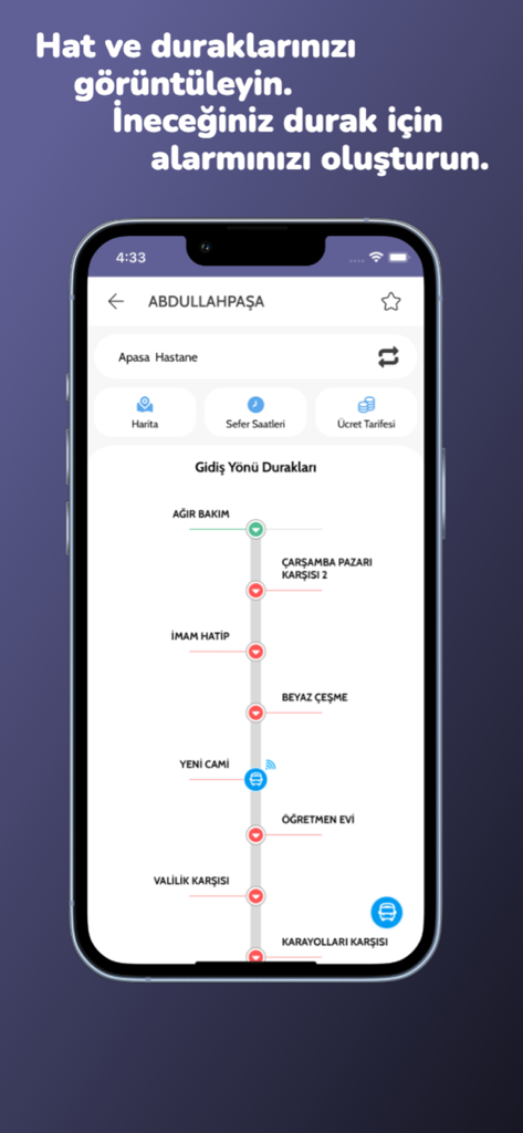 Elazığ Ulaşım - Mobile app interface showing Elazig bus route stops and real-time bus tracking for the Abdullahpasa line.