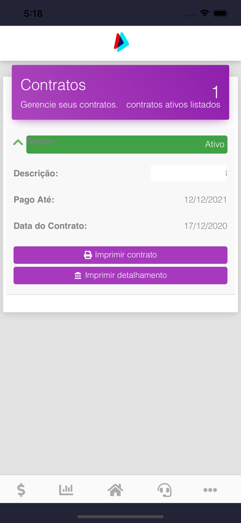 Pantalla de la aplicación Provale Telecom que muestra el estado del contrato activo y los detalles de pago.