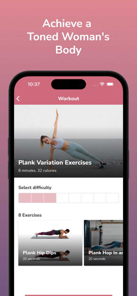 Abs, Butt & Thighs Workout - A fitness app screen showing plank variation exercises to achieve a toned woman's body