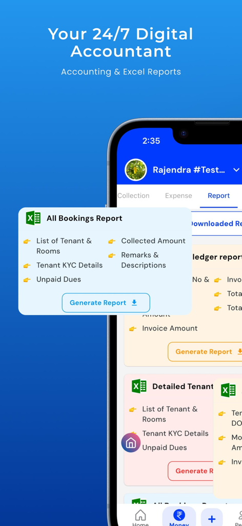 RentOk PG Hostel Flat Manager - Interface do aplicativo RentOk exibindo recursos de contabilidade de propriedades e a opção de gerar relatórios em excel para inquilinos e reservas