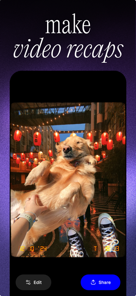 Lapse app interface displaying a film-aesthetic photo of a golden retriever with red lanterns and the text make video recaps