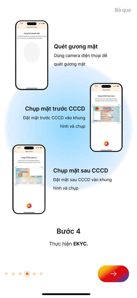 Step by step instructions for face scan and Vietnamese ID card capture within the HPO app's eKYC process