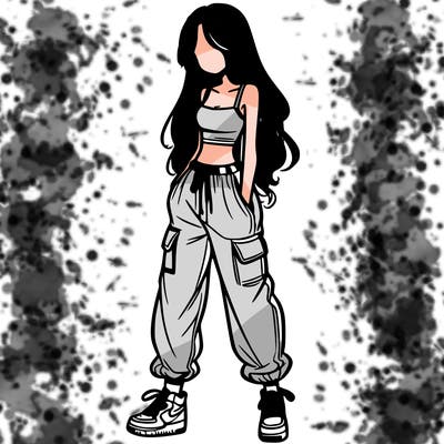 girl in baggy pants crop top and long hair