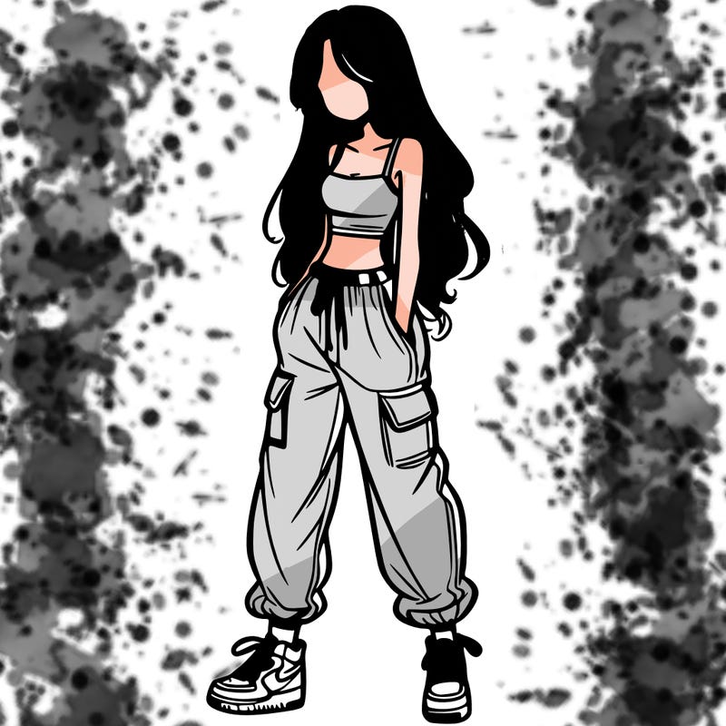 girl in baggy pants crop top and long hair