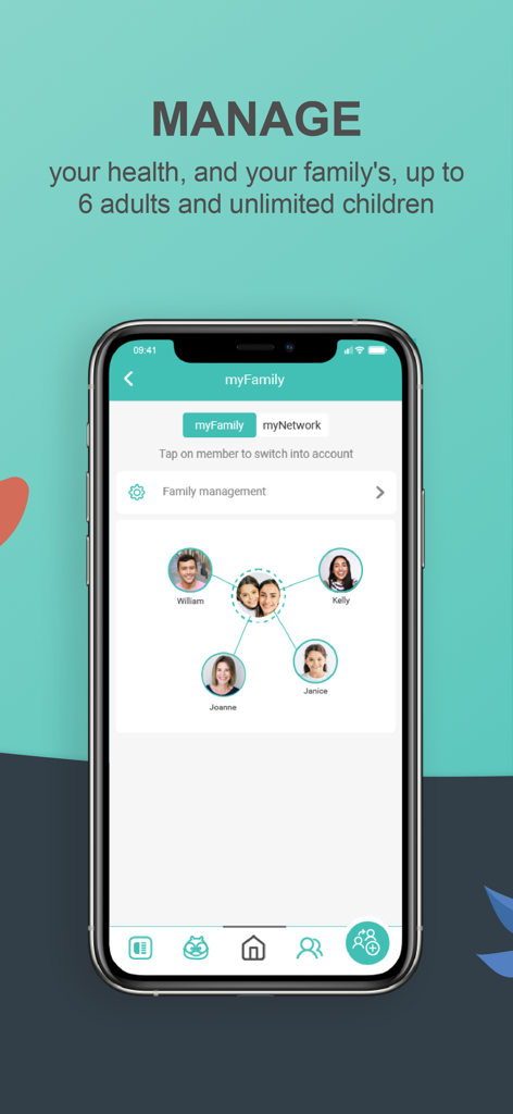 Halza - Interface of the Halza app showing the myFamily feature to manage multiple family health profiles and accounts.