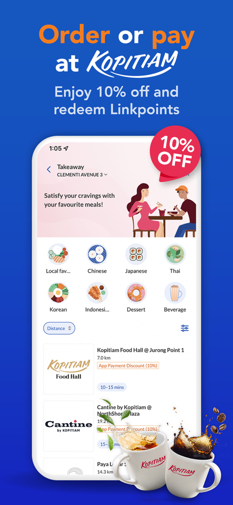 FairPrice Group - FairPrice app screen for ordering food at Kopitiam with a 10 percent discount and rewards