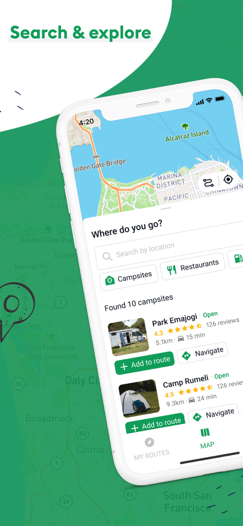 RV Campgrounds App-Bildschirm zeigt eine Karte von San Francisco mit Campingplatzangeboten und Navigationsoptionen