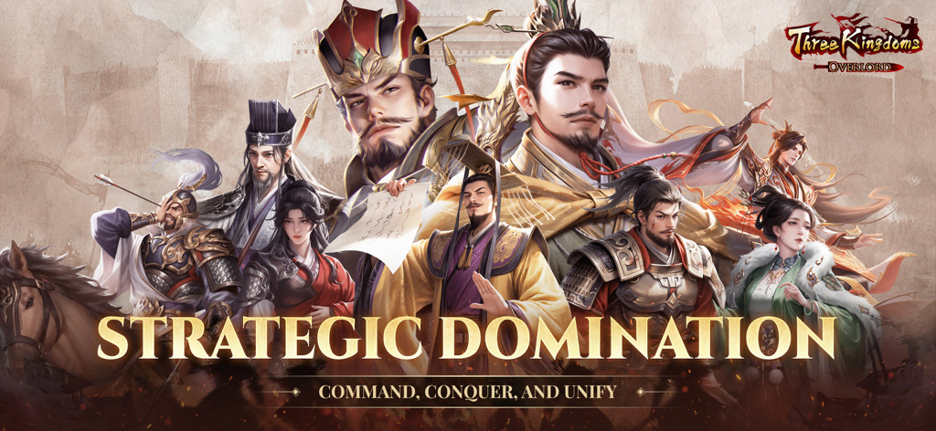 歴史的な武将と『戦略的支配』のテキストが描かれた『我が天下』のプロモーションバナー