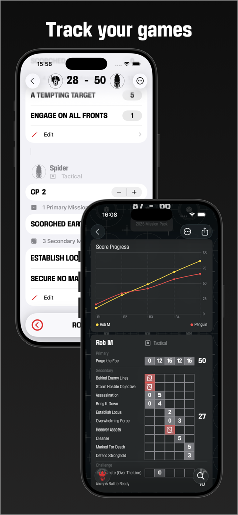 Tabletop Tactics - Tabletop Tactics app interface for tracking game scores and mission objectives.