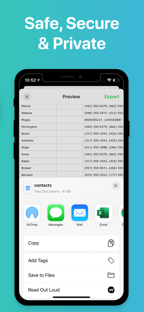 iPhone app interface showing a contact list preview and a share menu for exporting data to Excel and other platforms