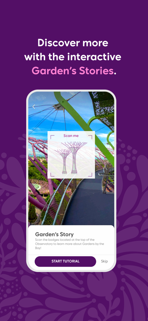 Gardens by the Bay - Oberfläche der Gardens by the Bay App, die die interaktiven Gartengeschichten und die Abzeichen-Scan-Funktion anzeigt.