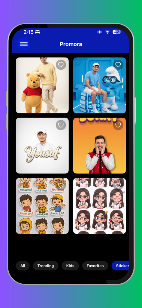 Promora - AI Prompt Generator - The Promora app interface showing a visual grid of AI generated images for stickers and profile pictures.
