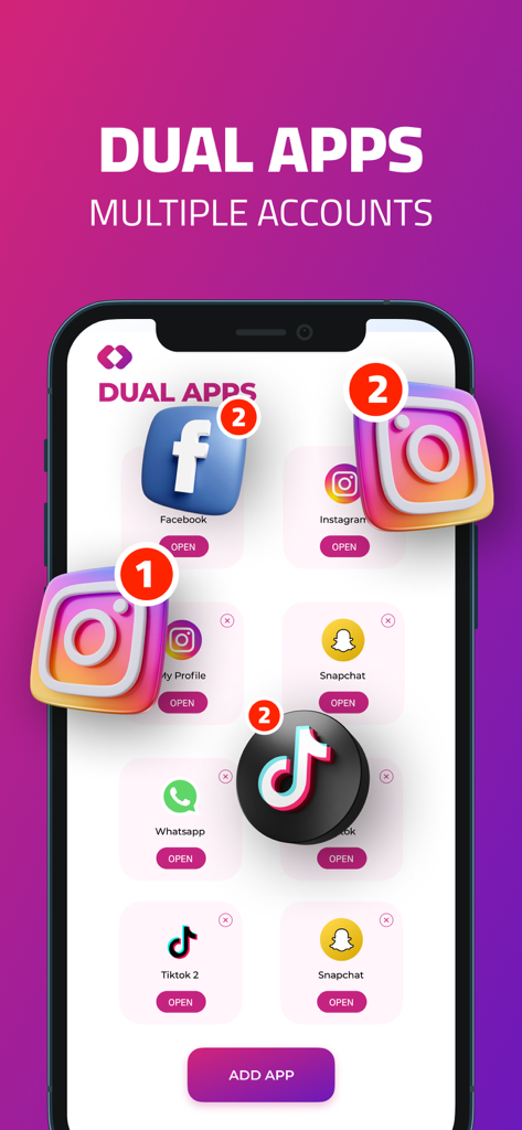 Oberfläche der Dual Apps-App auf einem iPhone, die eine Auswahl geklonter Social-Media-Symbole mit Benachrichtigungsbalken zeigt