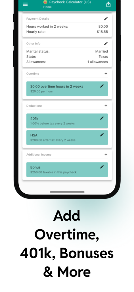Paycheck Calculator US - Pay44 - Paycheck calculator mobile interface with options to add overtime 401k and bonuses