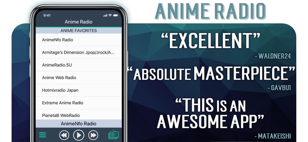 Anime Radio+ - Pantalla de smartphone que muestra los favoritos de la aplicación Anime Radio plus y testimonios de usuarios