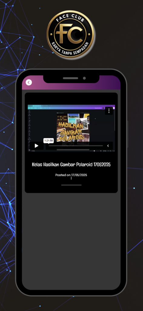 Face Club - Face Club app interface showing a video tutorial for creating Polaroid designs.