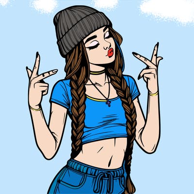 realistic teenage girl with braids and a beanie and crop top doing 🫶🏼