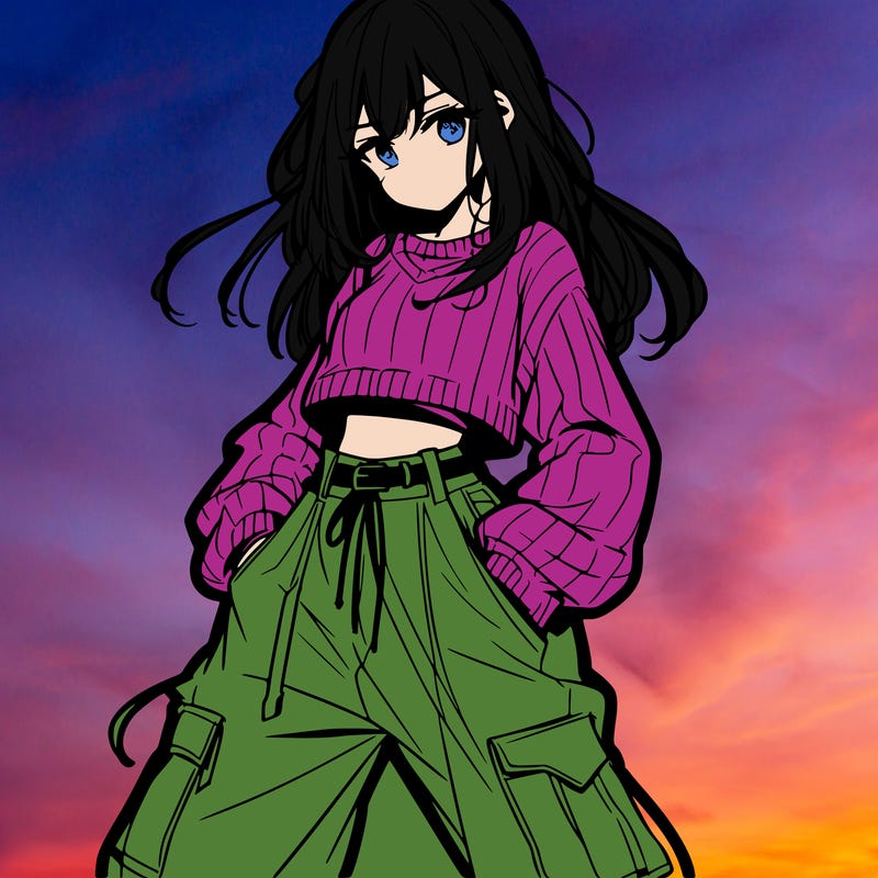 anime teen girl with baggy pants and crop top with sweater