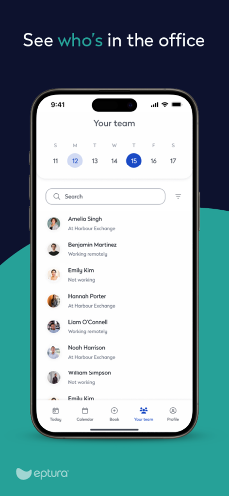 Eptura Engage mobile app screen showing team member availability and office locations